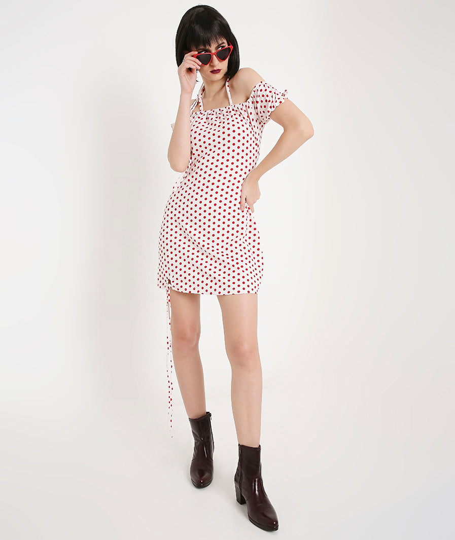 Polka Dots Mini Dress with Back TieUp and Side Knot Detail
